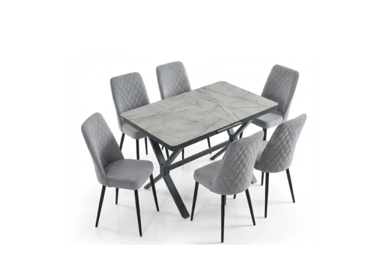 Комплект трапезна маса и 6 стола Doruk Lagina + Truva 127/80/75 см, Сив мрамор мат, МДФ плот, Разтегателна