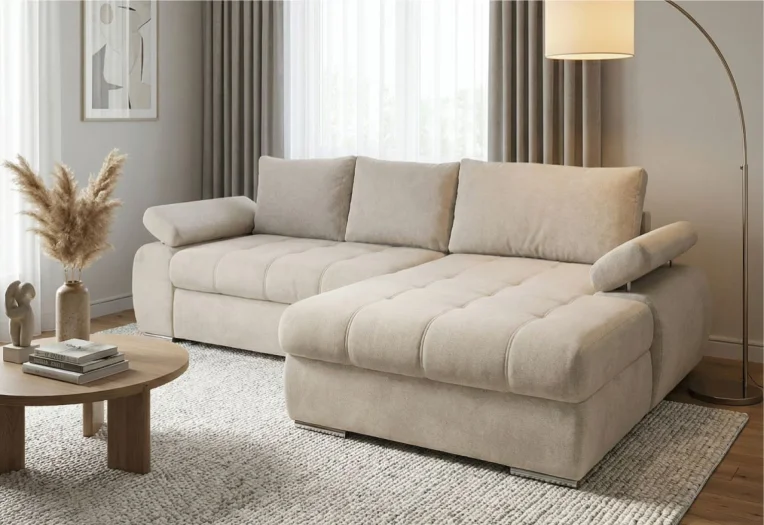 Ъглов диван Infinity 295/177/90, КРЕМ, Фукция сън, Ракла