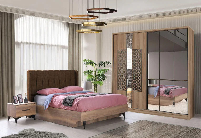 Спален комплект Asos 160/200 см, Тапицирана табла, Плавно затваряне, Плъзгащи врати
