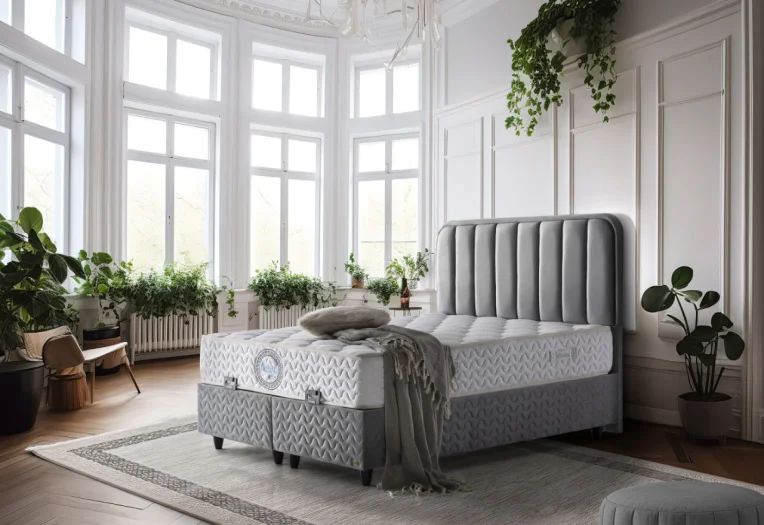 Бокспринг легло Natural с матрак 160/200 см, Сив, Повдигащ механизъм, Bonell Spring System