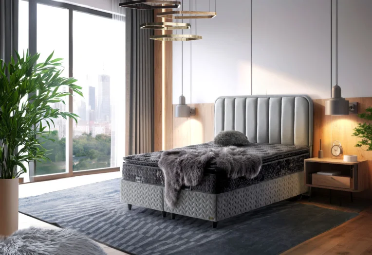 Бокспринг легло с матрак Puffi Grey с матрак 160/200 см, Сив, Повдигащ механизъм, Bonell Spring System
